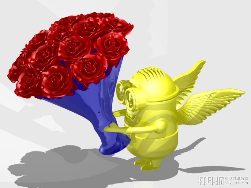 小黄人祝福情人节快乐-玫瑰花一把 3D打印模型渲染图