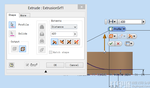 Autodesk inventor中的拉伸長度為 d20 是什么意思？